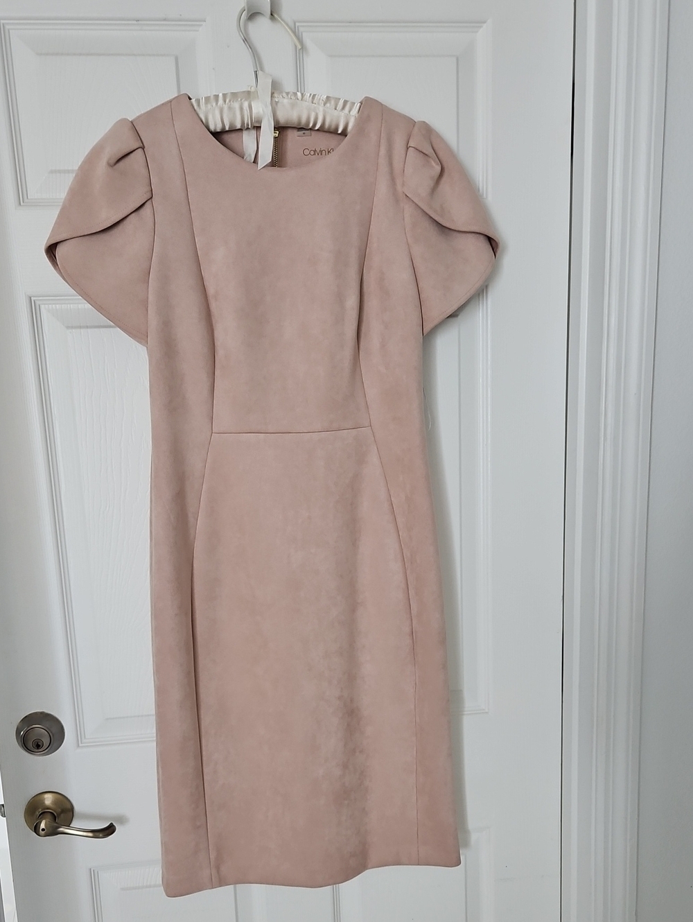Calvin Klein Blush Pink Tulip-Sleeve Faux Suede Midi Dress